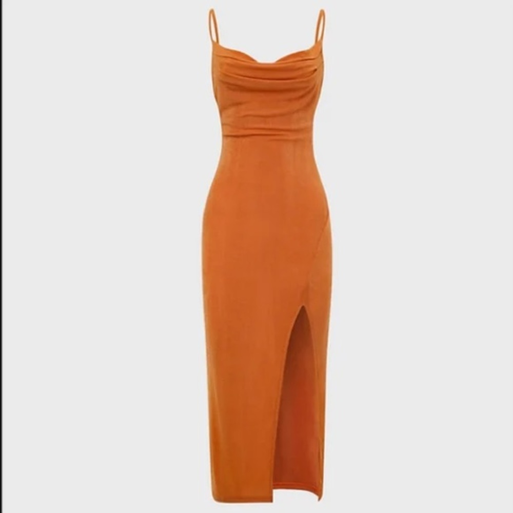 Kollyy Orange Spaghetti Strap Cowlneck Midi Dress NWOT